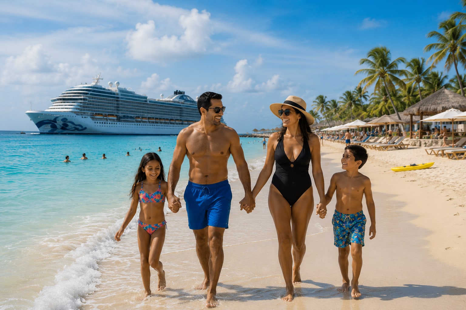 Familia disfrutando una playa junto a un crucero